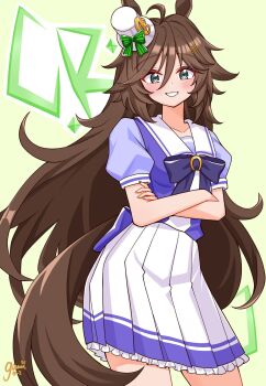 1girl ahoge animal_ears blush bow bowtie breasts brown_hair crossed_arms green_eyes hair_between_eyes hair_ornament hairclip hat highres horse_ears horse_girl horse_tail long_hair looking_at_viewer lycheetako mini_hat mini_top_hat mr._c.b._(umamusume) open_mouth puffy_short_sleeves puffy_sleeves purple_bow purple_bowtie purple_shirt sailor_collar sailor_shirt school_uniform shirt short_sleeves skirt smile tail top_hat tracen_school_uniform umamusume white_sailor_collar white_skirt