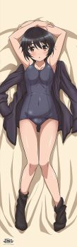 Rule 34 | 1girl, :o, black hair, black jacket, black socks, blush, brave witches, breasts, dakimakura (medium), full body, highres, jacket, large breasts, looking at viewer, lying, military, military uniform, official art, one-piece swimsuit, red eyes, shimada fumikane, shimohara sadako, short hair, socks, solo, swimsuit, world witches series
