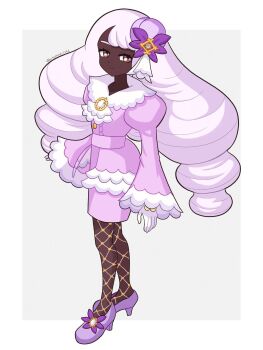 Rule 34 | 1girl, ascot, botamochi126, closed mouth, commentary request, dark-skinned female, dark skin, dress, fascinator, fishnet pantyhose, fishnets, frilled ascot, frills, glove bow, gloves, hair ornament, high heels, highres, jacinthe (pokemon), juliet sleeves, long hair, long sleeves, looking at viewer, low drills, mega stone, nintendo, pantyhose, pokemon, pokemon legends: z-a, puffy sleeves, purple dress, purple eyes, purple hair, solo, very dark skin, white gloves