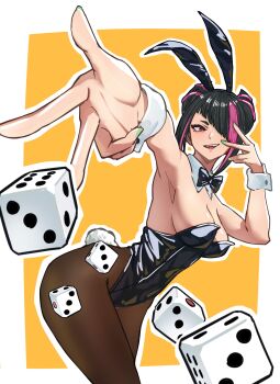 absurdres animal_ears ap_cammy armpits black_hair black_leotard bow bowtie breasts cleavage dice drill_hair fake_tail foreshortening hair_horns han_juri highleg highleg_leotard highres leotard multicolored_hair pantyhose pink_eyes pink_hair playboy_bunny rabbit_ears rabbit_tail short_eyebrows sideboob simple_background strapless street_fighter street_fighter_iv_(series) tail traditional_bowtie twin_drills two-tone_hair wrist_cuffs