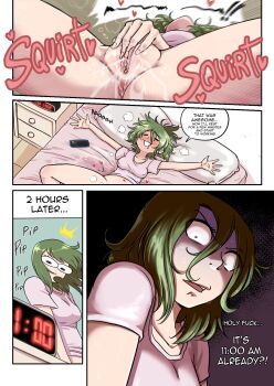 1girl alarm_clock artist_self-insert bed bottomless breasts cellphone clock comic commentary constricted_pupils covered_erect_nipples drawer drooling english_commentary english_text female_ejaculation female_masturbation female_orgasm hair_between_eyes highres issa_castagno issa_castagno_(character) lying masturbation medium_breasts on_back orgasm original phone pink_shirt pussy_juice shirt smartphone solo uncensored