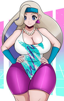 Rule 34 | 1girl, absurdres, blue eyes, breasts, cleavage, curvy, earrings, female focus, hands on own hips, highres, huge breasts, jewelry, leotard, long hair, looking at viewer, mature female, melony (pokemon), necklace, nintendo, pearl necklace, pokemon, pokemon swsh, solo, sonson-sensei, thick thighs, thighs, wide hips, workout clothes