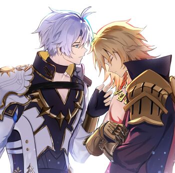 2boys antenna_hair arm_tattoo armor biakakaka917 black_choker black_coat black_gloves black_shirt blonde_hair blue_eyes braid chest_tattoo chinese_commentary choker clawed_gauntlets closed_eyes coat commentary_request earrings facial_tattoo fingerless_gloves from_side gloves gold_earrings gold_necklace gradient_hair highres honkai:_star_rail honkai_(series) jewelry male_focus medium_hair multicolored_hair multiple_boys mydei_(honkai:_star_rail) neck_tattoo necklace open_clothes open_coat parted_bangs pauldrons phainon_(honkai:_star_rail) profile red_hair red_tattoo shirt short_hair shoulder_armor side_braid single_pauldron sun_symbol sun_tattoo tan tattoo white_coat white_hair yaoi