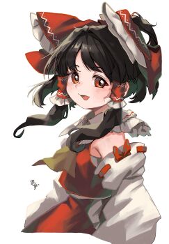 1girl ascot black_hair bow collared_shirt commentary_request cowboy_shot cropped_torso detached_sleeves frilled_hair_tubes frilled_shirt_collar frills from_side hair_bow hair_tubes hakurei_reimu highres long_hair long_sleeves looking_at_viewer looking_to_the_side matsukuzu open_mouth red_bow red_eyes red_shirt red_skirt shirt signature simple_background skirt sleeveless sleeveless_shirt solo touhou white_background wide_sleeves yellow_ascot
