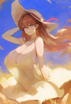 1girl arm_up artist_name autumn bare_arms bare_shoulders blue_eyes blue_sky breasts cleavage closed_mouth collarbone commentary commission cowboy_shot dated_commentary day dress english_commentary floating_hair grass gray_bear hair_between_eyes hand_in_own_hair hat highres huge_breasts light_smile long_hair looking_at_viewer neon_genesis_evangelion orange_hair outdoors sideboob sideways_glance sky sleeveless sleeveless_dress solo souryuu_asuka_langley spaghetti_strap standing straw_hat sun_hat sundress twitter_username twitter_x_logo yellow_dress yellow_theme