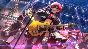3boys band_(music) black_thighhighs blue_eyes choker commentary_request concert cropped_jacket electric_guitar facial_mark game_cg guitar holding holding_guitar holding_instrument holding_microphone idolmaster idolmaster_million_live! idolmaster_million_live!_theater_days instrument jacket julia_(idolmaster) julia_(meteor_bright_star)_(idolmaster) microphone microphone_stand midriff multiple_boys night o-ring o-ring_choker official_alternate_costume official_art open_clothes open_jacket open_mouth overskirt print_tank_top red_hair red_tank_top screen_zoom short_hair stage stage_lights standing star_(symbol) star_facial_mark star_print tank_top thighhighs third-party_source torn_clothes torn_thighhighs water_drop