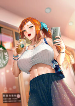 Rule 34 | 1girl, bag, bare shoulders, blue skirt, blurry, blurry background, bracelet, braid, breasts, ceiling, cellphone, commentary request, crown braid, cup, disposable cup, drink, drinking straw, dutch angle, from below, ge xi, hair ornament, hair ribbon, hairclip, handbag, highres, holding, holding phone, jewelry, large breasts, left-handed, long hair, long skirt, midriff, navel, necklace, open mouth, orange eyes, orange hair, parted bangs, phone, ponytail, ribbed tank top, ribbon, sidelocks, skirt, smartphone, solo, starbucks, sweat, tank top, underboob, watch, white tank top, window, witches in 7th base