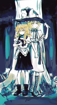 2girls alice_margatroid apron blonde_hair blue_eyes boots braid forest full_body highres kirisame_marisa long_hair medium_hair multiple_girls nature sharing side_braid thigh_boots touhou tree waist_apron yuggug