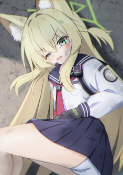 1girl absurdres animal_ear_fluff animal_ears ass black_gloves black_sailor_collar black_skirt blonde_hair blue_archive blush commentary_request dirty dirty_clothes dirty_face eyelashes eyes_visible_through_hair feet_out_of_frame fox_ears fox_girl from_above gloves green_eyes green_halo hair_intakes hair_spread_out half-closed_eye halo hands_on_own_stomach highres in_downtown kurumi_(blue_archive) long_hair long_sleeves looking_at_viewer lying miniskirt neckerchief on_side open_mouth panties pantyshot pleated_skirt red_neckerchief sailor_collar school_uniform serafuku shirt sidelocks skirt solo tactical_school_uniform tearing_up thighs triangle_halo two_side_up underwear v-shaped_eyebrows very_long_hair white_panties white_shirt