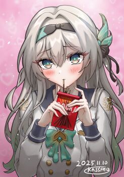1girl absurdres firefly_(honkai:_star_rail) food food_in_mouth grey_hair hair_between_eyes hairband highres honkai:_star_rail honkai_(series) knssfhq long_hair looking_at_viewer multicolored_eyes pocky pocky_day school_uniform simple_background solo two-tone_eyes