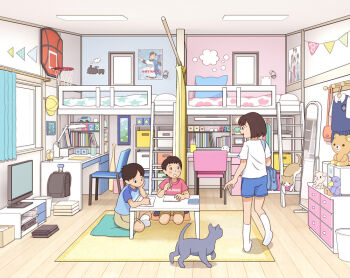 Rule 34 | 1girl, 2boys, absurdly detailed composition, bag, blue shorts, blush, brother and sister, brown hair, brown shorts, carpet, cat, chabudai, chair, curtains, desk, fixed-point camera, indoors, kiyo (kyokyo1220), korilakkuma, loaded interior, loft bed, mirror, multiple boys, ohtani shohei, on floor, original, poster (object), red shirt, rilakkuma, san-x, shirt, short hair, shorts, shoulder bag, siblings, sitting, stuffed animal, stuffed toy, table, teddy bear, television, time lapse, white shirt, window
