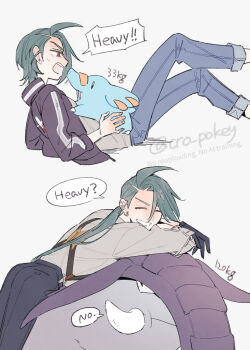 1girl age_progression aged_down ahoge artist_name black_gloves black_jacket black_pants closed_eyes denim donphan ear_piercing feet_out_of_frame gen_2_pokemon gloves green_hair grin jacket jeans leaning_on_animal long_hair low_ponytail lying nintendo on_back on_stomach open_mouth pants phanpy piercing pokemon pokemon_(creature) pokemon_sv ponytail red_eyes rika_(pokemon) shirt short_hair shougo-akira smile speech_bubble suspenders sweatdrop swept_bangs twitter_username watermark weight white_background