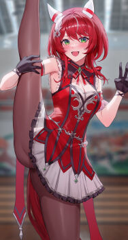 1girl absurdres animal_ears bare_shoulders black_gloves black_pantyhose blurry blurry_background blush breasts cleavage commentary commission ear_covers gloves green_eyes highres horse_ears horse_girl horse_tail looking_at_viewer medium_breasts medium_hair molyb open_mouth pantyhose pixiv_commission red_hair red_shirt shirt skirt smile solo split standing standing_on_one_leg standing_split tail umamusume v white_skirt win_variation_(umamusume)