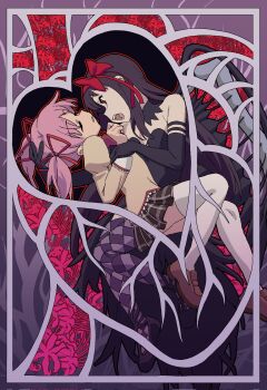 Rule 34 | 2girls, akemi homura, akuma homura, argyle clothes, argyle thighhighs, black collar, black dress, black feathers, black hair, black sleeves, black wings, bow, brown shoes, closed mouth, collar, detached collar, detached sleeves, dress, feathered wings, feathers, floating, flower, hair bow, hair ribbon, heart, highres, imminent bite, itsironicmom, kaname madoka, knees up, long hair, looking at another, mahou shoujo madoka magica, mitakihara school uniform, multiple girls, open mouth, parted lips, pink hair, profile, purple shoes, purple thighhighs, red bow, red ribbon, ribbon, school uniform, shoes, short hair, spider lily, strapless, strapless dress, teeth, thighhighs, twintails, white thighhighs, wings, yellow dress, yuri, zettai ryouiki