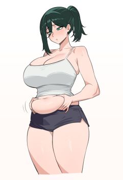 1girl absurdres belly belly_grab black_shorts breasts camisole cleavage collarbone commentary dolphin_shorts grabbing_own_stomach green_eyes green_hair hand_on_own_stomach hands_on_own_stomach highres large_breasts looking_down medium_hair navel nokaa_aru original pinching plump ponytail short_ponytail short_shorts shorts simple_background solo sweat symbol-only_commentary thick_thighs thighs weight_conscious white_background white_camisole