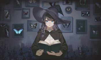 1girl absurdres black_cloak black_hair black_hat blue_eyes book bug butterfly cloak closed_mouth expressionless frilled_shirt frills hat highres holding holding_book insect long_hair long_sleeves looking_at_viewer open_book original parted_bangs picture_frame sak_orz shirt solo straight-on swept_bangs taxidermy upper_body white_shirt witch_hat