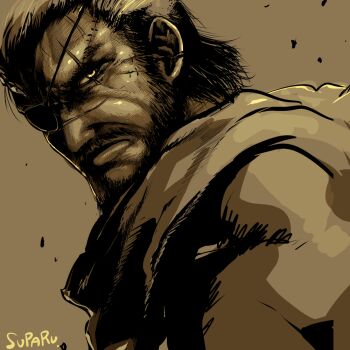 1boy ashes beard brown_background ear_scar eyepatch facial_hair glowing glowing_eye jacket limited_palette looking_at_viewer male_focus metal_gear_(series) metal_gear_solid_v:_the_phantom_pain monochrome mustache scar scar_across_eye scar_on_ear scar_on_face scar_on_nose scarf signature sketch solo suparu_(detteiu) upper_body venom_snake yellow_eyes