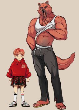 absurdres animal_ears bara big_bad_wolf_(fairytale_police_hoe_department) black_pants brown_background clothes_around_waist clothes_writing fairytale_police_hoe_department fangs freckles full_body furry furry_male green_eyes hand_under_clothes hand_under_shirt height_difference highres hood hoodie idoraad long_sleeves looking_at_viewer muscular muscular_male one_eye_closed orange_fur orange_hair pants red_hoodie red_riding_hood_(fairytale_police_hoe_department) sandals sharp_toenails shirt short_hair simple_background tail tank_top toenails track_pants underwear_writing white_tank_top wolf_boy wolf_ears wolf_tail