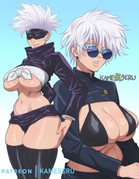 1girl ass blue_eyes bra breasts cleavage_cutout clothing_cutout covered_eyes eyepatch female_focus genderswap genderswap_(mtf) gojou_satoru hands_on_thighs highres huge_ass jacket jujutsu_kaisen large_breasts looking_at_viewer midriff navel no_bra short_hair shorts sideboob skirt smile solo sunglasses thick_thighs thighhighs thighs tied tomboy turtleneck underboob underwear white_hair
