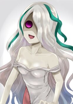 1girl bad_id bad_twitter_id breasts collarbone fairy_(grimms_notes) gradient_background green_streaks grey_hair grimms_notes highres open_mouth pale_skin patchwork_clothes pink_eyes shaded_face smile solo sumeragi_810 upper_body white_background