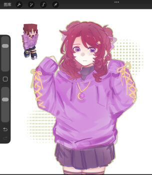 1girl :3 art_program_in_frame black_shirt blush bow crossdressing crossdressing_(mtf) highres hood hoodie infuse_smp lanchi0226 minecraft_youtube pink_bow pink_eyes pink_hoodie reference_inset shirt simple_background skirt solo sososhaun two_side_up