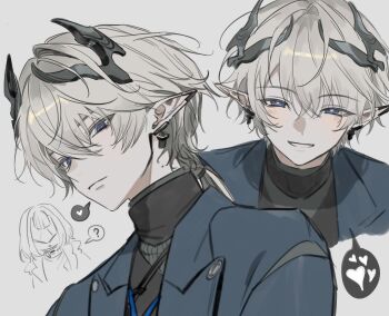 1boy 1girl ? absurdres ardashir_(arknights) arknights arknights:_endfield blue_eyes blue_jacket blush bright_pupils commentary cropped_shoulders earrings endministrator_(arknights) female_endministrator_(arknights) grey_hair hashtag-only_commentary heart highres horns jacket jewelry looking_at_viewer male_focus maruchi_(0529_s2) mask multiple_earrings multiple_views ponytail short_hair simple_background smile spoken_heart spoken_question_mark upper_body white_background white_pupils