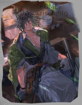 1boy apron arknights black_hair black_shirt colored_inner_hair commentary counter facial_hair food frischenq gloves green_eyes green_hair grey_gloves grey_hair indoors jacket jacket_on_shoulders looking_at_viewer looking_up male_focus matsukiri_(arknights) multicolored_hair partially_open_shirt plate shirt sitting smile solo stubble watermark