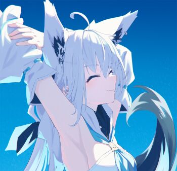 Rule 34 | 1girl, ahoge, animal ear fluff, animal ear piercing, animal ears, aqua eyes, armpit focus, armpits, bare shoulders, black ribbon, black tail, blue background, blue neckerchief, braid, crossed bangs, detached sleeves, double-parted bangs, earrings, extra ears, fox ears, fox girl, fox tail, front slit, hair ribbon, highres, hololive, hood, hoodie, jewelry, long hair, low-tied long hair, multicolored tail, nagishiro mito, neckerchief, pentagram, ribbon, sailor collar, shirakami fubuki, shirakami fubuki (1st costume), side braid, sidelocks, simple background, single braid, single earring, solo, stretching, tail, upper body, virtual youtuber, white hair, white hoodie, white tail, wide sleeves