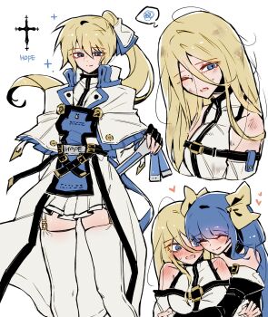 2girls bare_shoulders between_legs black_dress blonde_hair blue_eyes blue_hair blush bow breasts corrupted_twitter_file cross dizzy_(guilty_gear) dress english_text garter_straps genderswap genderswap_(mtf) guilty_gear guilty_gear_strive guilty_gear_x guilty_gear_xrd guilty_gear_xx hair_bow highres hug hug_from_behind ky_gwangin ky_kiske kyko long_hair long_skirt multiple_girls one_eye_closed open_mouth ponytail simple_background skirt small_breasts sweat thighhighs thighs white_background white_dress white_thighhighs wings yellow_bow yuri