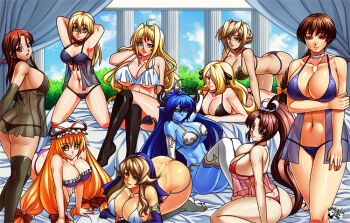 6+girls all_fours arc_system_works asmodeus_(shinrabanshou) ass bed black_panties blazblue blonde_hair blue_eyes blue_hair blue_panties blue_skin blue_sky bow breasts brown_eyes brown_hair butt_crack choker cleavage cloud colored_skin crossover cynthia_(pokemon) day dead_or_alive elbow_gloves fatal_fury feet female_focus gloves hair_over_one_eye harem hat indoors jadenkaiba kasumi_(doa) kneeling large_breasts lingerie long_hair lying matching_hair/eyes minna-dietlinde_wilcke multiple_girls navel negligee ninja nintendo noel_vermillion panties pointy_ears pokemon ponytail princess_lover purple_eyes queen&#039;s_blade red_panties sekirei shinrabanshou shiranui_mai sideboob sigui_(queen&#039;s_blade) silvia_van_hossen sitting sky smile snk standing strike_witches tecmo the_king_of_fighters thighhighs thong toes touhou tsukiumi underboob underwear world_witches_series yakumo_yukari yellow_eyes
