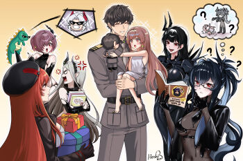 1boy 6+girls ? absurdres bahamut_(nikke) behemoth_(nikke) black_hair black_liquid blush book box breasts brown_hair commander_(nikke) commentary doll_(nikke) drake_(nikke) english_commentary father_and_daughter four_beasts_(nikke) gift gift_box goddess_of_victory:_nikke hair_over_one_eye highres holding holding_book horns hoshiberuu hospital_gown latex_bikini leviathan_(nikke) liquid_clothes long_hair medium_breasts military_uniform mirrored_text mother_and_daughter multiple_girls only_one_(nikke) open_mouth rapi_(nikke) rapi_(red_hood)_(nikke) red_eyes red_hair shiny_eyes smile sunglasses upside-down_book very_long_hair white_gown white_hair ziz_(nikke)