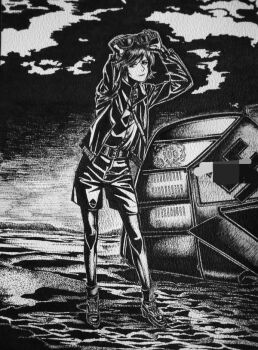 Rule 34 | 1girl, belt, bordfunker133, censored, cross, gloves, greyscale, holding, holding removed eyewear, iron cross, jacket, leather, leather belt, leather gloves, leather jacket, looking at viewer, luftwaffe, marcel (nachtjager-chan), military uniform, military vehicle, monochrome, mosaic censoring, motor vehicle, nazi, open clothes, open jacket, original, pants, photo (medium), reichsadler, shirt, shoes, short hair, shorts, smile, socks, solo, sunglasses, swastika, tank, unworn eyewear, world war ii