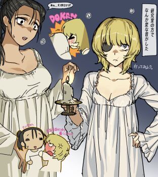 &gt;_&lt; 2girls anger_vein arm_behind_head badeni between_breasts black_eyes blonde_hair blue_eyes blush breasts brown_hair candle chi.:_chikyuu_no_undou_ni_tsuite chibi chibi_inset cleavage eyepatch face_between_breasts frown genderswap genderswap_(mtf) grey_background hair_bun hand_on_own_hip head_between_breasts highres holding holding_candle large_breasts long_hair long_sleeves medium_breasts medium_hair multiple_girls natsupochipon nightgown oczy parted_lips sweatdrop underlighting upper_body white_nightgown