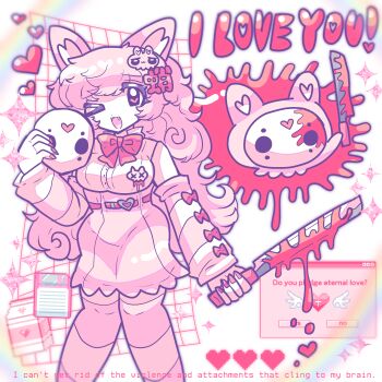 1girl ;d absurdres animal_ears blood bloody_weapon bow bowtie breasts detached_sleeves english_text fang floppy_disk heart highres hockey_mask holding holding_machete holding_mask long_hair looking_at_viewer machete mask murasakigezi one_eye_closed open_mouth original over-kneehighs pink_hair pink_skirt rainbow red_bow red_bowtie red_nails skirt smile socks standing striped_clothes striped_sleeves striped_socks thighhighs weapon yami_kawaii