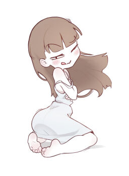 1girl :q ;q anatomy_of_a_gamer_(meme) ass bare_legs bare_shoulders barefoot blunt_bangs blush breasts brown_hair child_gf_(orenji) dress feet female_focus from_behind full_body highres kneeling loli long_hair looking_at_viewer looking_back meme one_eye_closed original rodecchi simple_background small_breasts smile soles solo strap_slip toes tongue tongue_out white_background wink