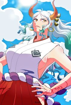 Rule 34 | 1girl, aqua hair, breasts, commentary, curled horns, earrings, glint, hair ornament, hakama, hand on own hip, hands on own hips, hoop earrings, horns, japanese clothes, jewelry, kimono, light smile, looking to the side, one piece, outdoors, ponytail, red hakama, rope, shimenawa, sideboob, sidelocks, signature, sleeveless, sleeveless kimono, smile, solo, white kimono, yamato (one piece), yuuya (hakase-luv)