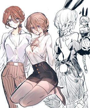 1girl animal_ears apron arms_behind_back backless_dress backless_outfit bare_shoulders braid breasts brown_hair brown_pants cleavage closed_mouth collared_shirt detached_sleeves dress dress_shirt fake_animal_ears fishnets hair_between_eyes high_heels highres identity_v long_sleeves looking_at_viewer low_ponytail maid medium_breasts melly_plinius multiple_braids multiple_views pants pantyhose ponytail puffy_sleeves purple_eyes rabbit_ears rabbit_tail scar scar_on_face shirt shirt_tucked_in short_hair shorts sitting sketch skirt tail thighhighs white_background white_shirt yield_hshs