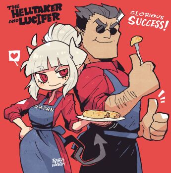 1boy 1girl apron arm_hair black_apron black_hair black_tail breasts collared_shirt crepe demon_girl demon_horns demon_tail eating english_text food glorious_success hairband helltaker helltaker_(character) highres holding horns large_breasts long_hair looking_at_viewer lucifer_(helltaker) mole mole_under_eye pancake rariatto_(ganguri) red_eyes red_shirt shirt short_hair sleeves_rolled_up smile spiked_hairband spikes sunglasses tail thumbs_up white_hair white_horns