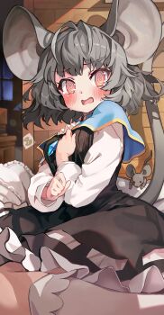 1girl @_@ absurdres animal_ears blue_capelet blush capelet commentary flustered frilled_pillow frills grey_hair hand_on_own_chest highres indoors jewelry large_ears long_sleeves looking_at_viewer medium_hair melaton mouse_(animal) mouse_ears mouse_girl mouse_tail nazrin open_mouth peanut_mouth pendant pillow pink_eyes socks solo tail tearing_up touhou white_socks