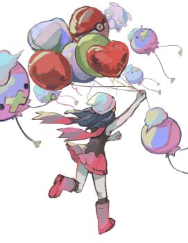 1girl anzu_(01010611) beanie black_hair boots commentary dawn_(pokemon) drifloon floating_hair floating_scarf gen_1_pokemon gen_4_pokemon hair_ornament hairclip hat highres holding holding_string jigglypuff kneehighs leg_up long_hair nintendo pink_boots pink_scarf pink_skirt pokemon pokemon_(creature) pokemon_dppt scarf shirt skirt sleeveless sleeveless_shirt socks speech_bubble string symbol-only_commentary white_background white_headwear