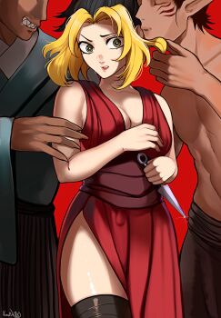 1girl 2boys absurdres bad_id bad_pixiv_id black_hair blonde_hair dress forehead highres kimetsu_no_yaiba kirani kunai makio_(kimetsu_no_yaiba) multicolored_hair multiple_boys netorare red_background red_dress sweatdrop weapon