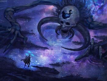 2others armor arnaerr artist_name astel_naturalborn_of_the_void bone cape elden_ring eldritch_abomination energy_sword full_armor glowing helm helmet holding holding_sword holding_weapon horns imminent_fight knight monster multiple_others one-eyed plate_armor shield shoulder_armor skull space sword tarnished_(elden_ring) teeth tusks weapon