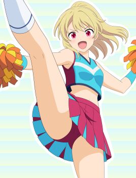 1girl :d abstract_background blonde_hair breasts cheering cheerleader commentary crop_top cropped_shirt dot_nose high_kick high_ponytail highres holding holding_pom_poms kicking leg_up medium_hair miniskirt multicolored_shirt navel open_mouth original outline outstretched_arms panties pantyshot pleated_skirt pom_pom_(cheerleading) pom_poms ponytail red_eyes red_panties red_skirt shirt skirt sleeveless sleeveless_shirt small_breasts smile socks solo spread_arms spread_legs standing take_zenni_chikuzenni two-tone_skirt underwear v-shaped_eyebrows white_outline white_socks