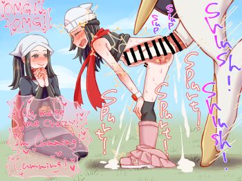 1boy 1futa 1girl akari_(pokemon) anal anal_destruction arceus ass bandana bar_censor beanie bent_over bestiality black_hair black_shirt black_socks bladder blue_jacket blue_skirt blue_sky blush bodysuit bodysuit_under_clothes boots breasts censored closed_eyes clothes_lift cloud crying_with_eyes_closed cum cum_in_ass cum_on_body cum_on_ground cum_on_lower_body dawn_(pokemon) drooling ejaculating_while_penetrated ejaculation english_text futa_with_male futanari gen_4_pokemon grass hair_ornament hairclip hat headscarf highres huge_penis jacket kneehighs large_insertion large_penis legendary_pokemon long_hair long_sleeves medium_breasts mythical_pokemon nintendo obi on_ground open_mouth outdoors penis pink_skirt pleated_skirt pokemon pokemon_dppt pokemon_legends:_arceus prostate red_scarf saliva saliva_trail sash scarf shirt shirt_lift sidelocks sitting skirt skirt_around_ankles sky small_breasts small_penis socks speech_bubble stomach_bulge sweat sweatdrop tearing_up tears thighs tongue watch wristwatch yyyrrr666