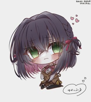 1girl 3: artist_name black_hair black_pantyhose blush bow braid brown_skirt brown_vest buttons chibi chibi_only closed_mouth collared_shirt colored_inner_hair commentary crossed_bangs double-breasted eyes_visible_through_hair frilled_skirt frills full_body green_eyes hair_between_eyes hair_bow hair_intakes hand_up heart heart_in_eye highres judas_gundam limelight_lemonade_jam long_sleeves looking_at_viewer medium_hair mole mole_under_eye multicolored_hair nabari_anju pantyhose plaid_clothes plaid_skirt purple_hair red_bow school_uniform shirt side_braid simple_background sitting skirt solo straight_hair symbol_in_eye two-tone_hair two_side_up vest wariza white_background white_shirt