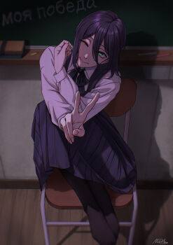 1girl ;) absurdres black_dress black_pantyhose chainsaw_man chair chalkboard dress fourth_east_high_school_uniform green_eyes grenade_pin highres long_sleeves matomo on_chair one_eye_closed pantyhose pinafore_dress purple_hair reze_(chainsaw_man) school_uniform shirt sitting sleeveless sleeveless_dress smile solo v white_shirt