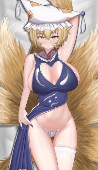 1girl areola_slip arm_up armpit_crease bed blonde_hair blue_nails breasts cleavage_cutout clothes_lift clothing_cutout dress dress_lift facing_viewer fox_girl fox_tail g-string hat highres large_breasts looking_at_viewer lying mob_cap nail_polish navel on_back panties single_thighhigh smile solo tail thigh_gap thighhighs thong touhou underwear yakumo_ran yellow_eyes