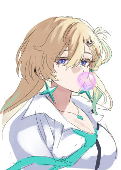 Rule 34 | 1girl, aqua necktie, blonde hair, blowing bubble gum, blue eyes, breasts, chewing gum, cleavage, ear piercing, earrings, hair between eyes, hair ornament, highres, jewelry, long hair, lynae (wuthering waves), medium breasts, mole, mole on breast, multicolored hair, necklace, necktie, piercing, psym 2cha, shirt, simple background, skull hair ornament, solo, star (symbol), star earrings, streaked hair, white background, white shirt, wuthering waves