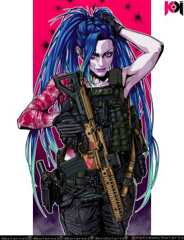 1girl absurdres alternate_costume arm_up armpits belt black_belt black_pants character_name closed_mouth collarbone colored_skin earrings gun handgun highres jewelry jinx_(league_of_legends) koiarts league_of_legends long_hair messy_hair pants pink_background pink_eyes pink_skin purple_lips rifle smile tactical_clothes vest weapon white_background