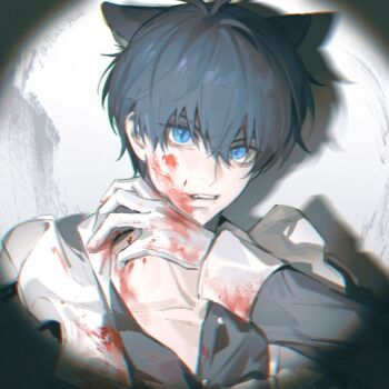 Rule 34 | 1boy, animal ears, apron, black hair, blood, blood on clothes, blood on face, blood on gloves, blue eyes, blue lock, commentary, crossdressing, crossdressing (mtf), frilled apron, frills, gloves, hair between eyes, highres, isagi yoichi, maid, maid apron, male focus, male maid, open collar, pcal pcal, short hair, solo, spotlight, white apron, white gloves